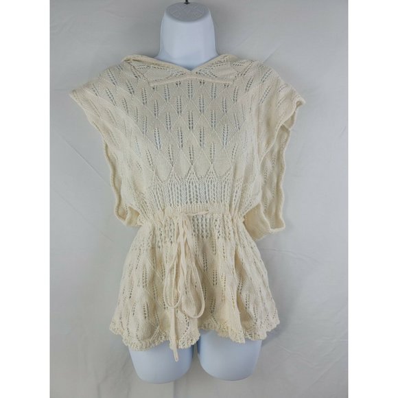 Anthropologie Tops - Anthropologie Moth Poncho Crochet Open Knit Hooded Sweater V Neck Medium Ivory